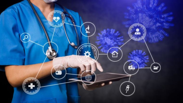 Graphic showing a doctor on a tablet with a network of symbols representing medical research, and viruses in the background