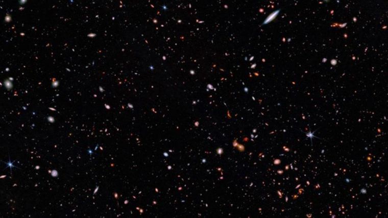 Image taken by the James Webb Space Telescope; the area is in and around the Hubble Space Telescope’s Ultra Deep Field.