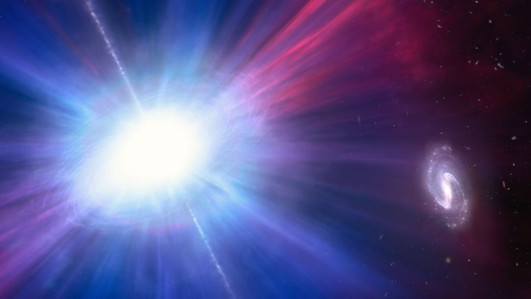 Artist's impression of a luminous fast blue optical transient - white light on a blue and pink radiating background