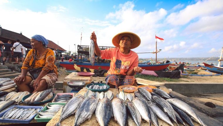 A Balinese fishmonger selling fish in the morning market on the beach