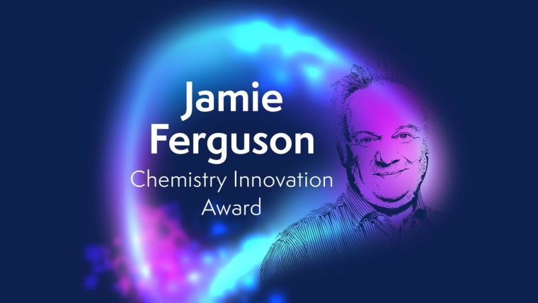 Jamie Ferguson Chemistry Innovation Award graphic with an illustration of Jamie Ferguson on a blue background
