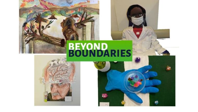 Beyond Boundaries artwork: Safeguarding Lions from Human Encroachment; Connection (an image of connections in the brain); Chy Challenges Bacteria; and The Fight of Abject Antimicrobial Resistance.