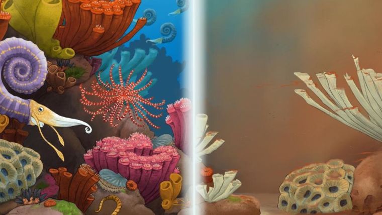 Artistic reconstruction of a late Triassic undersea scene before and after a climate change-related extinction event.