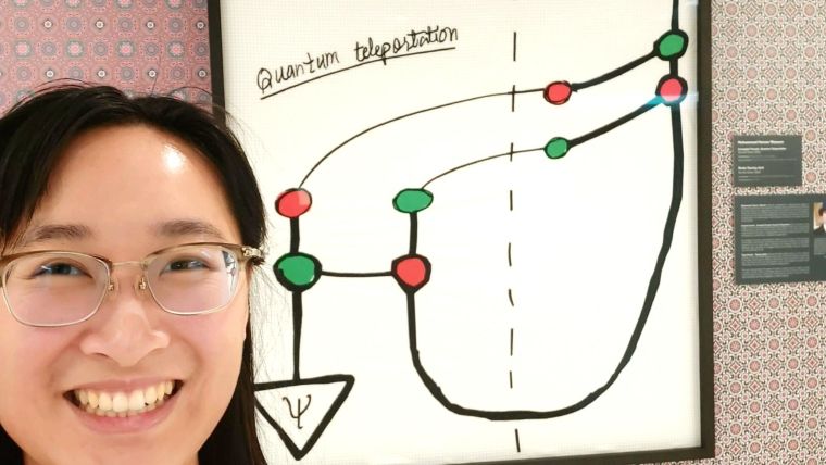 Close-up of Lia Yeh, pictured beside a framed diagram consisting of black lines and shapes (including one small circle coloured green, one small circle coloured red) on a white background, with the text label 'Quantum teleportation' underlined at the top. The frame is black and hanging on a patterned background. Beside the frame, on the wall, is a text description in small white text on a dark grey card.