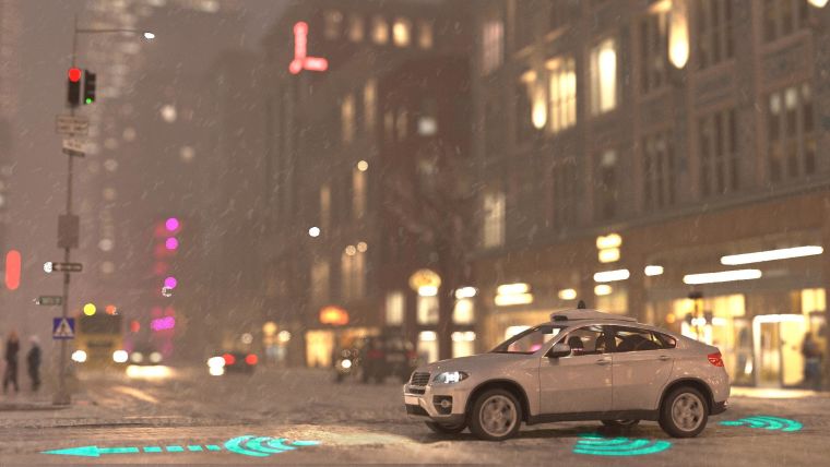 A composite image, showing a white car at a wet, dark junction in an urban area, in adverse weather conditions, with the background blurred and added green graphics to the front, back and side of the car depicting AI control of positioning on the road.

Image credit: Yasin Almalıoğlu