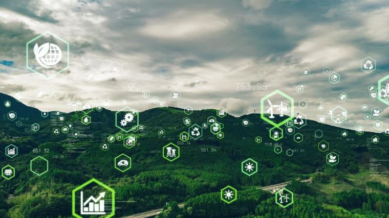 Graphic showing a network of environmental symbols against a forest landscape