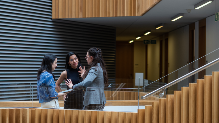 Three women postgraduate students talking on a staircase in the Mathematical Institute at the University of Oxford

Credit: John Cairns