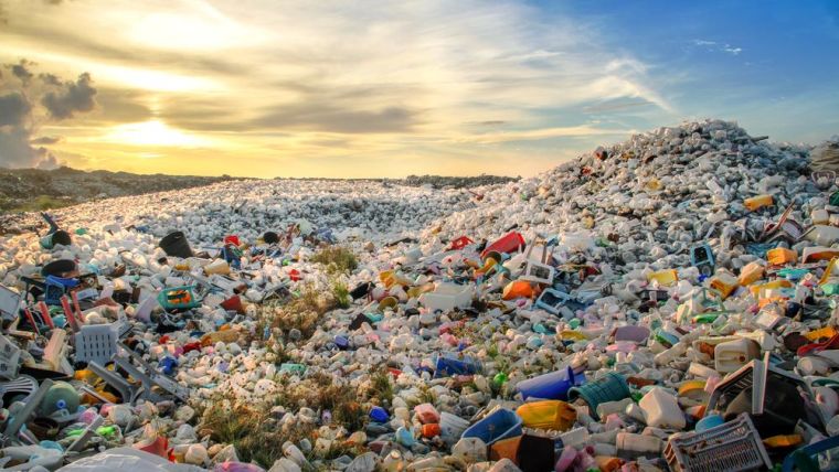 A mountain of waste plastic bottles and other types of plastic waste at the Thilafushi waste disposal site in the Maldives.