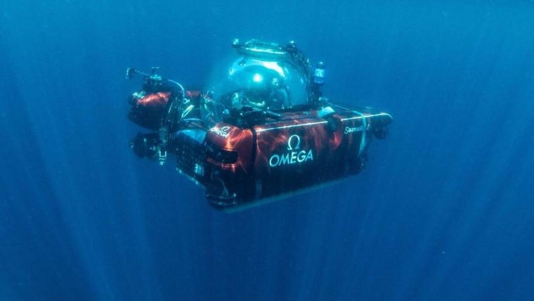 An Omega Seamaster 2 submersible being launched during an expedition by Nekton to the Seychelles in 2019, which was the first systematic survey below scuba depth in the region.