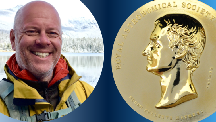 Professor Mike Kendall and a close up of the Royal Astronomical Society Gold Medal