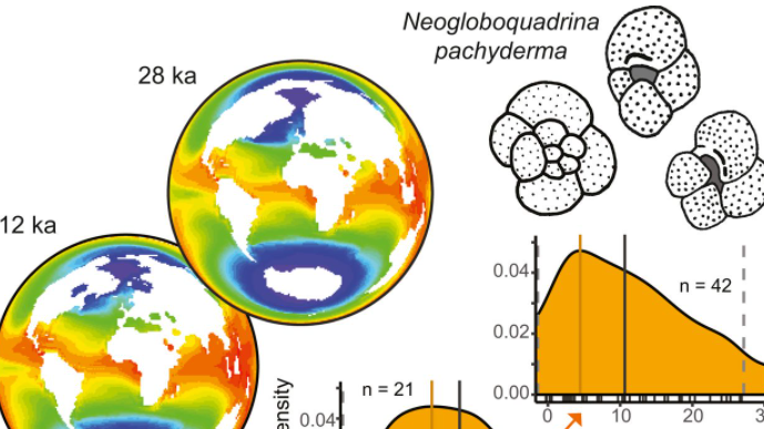 Part of a figure from the research, showing temperature reconstructions with fossil occurrences of planktonic foraminifera